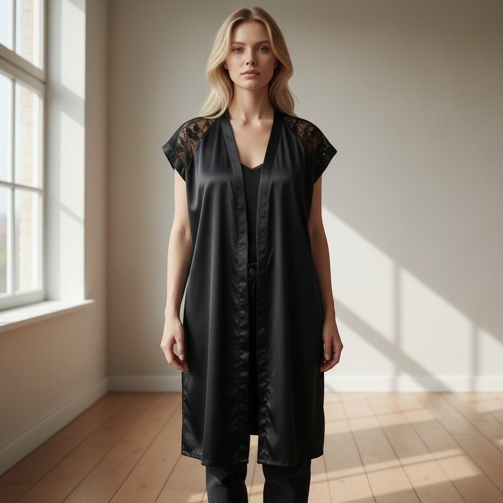 Victorias Secret Black‎ Satin Lace Shoulder Kimono Robe Sleepwear Womens Large